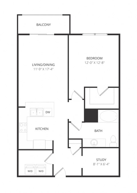 Floor plan for 1 bed, 1 bath, 875 sqft